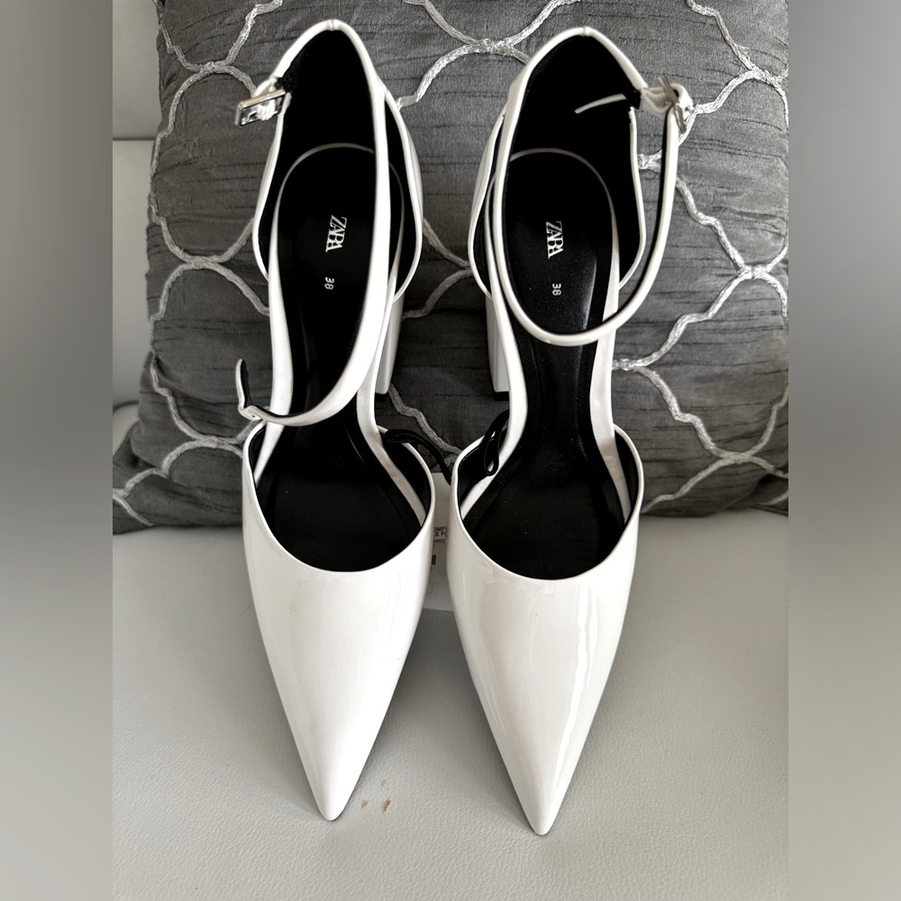 Zara White Patent Pointed Toe Ankle Strap Pumps